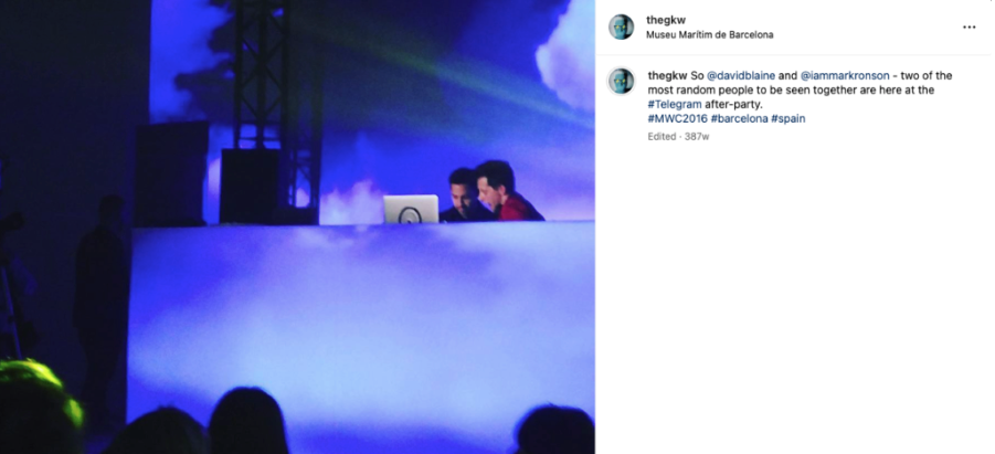Mark Ronson and David Blaine performing at the Telegram after-party, MWC 2016, Museu Marítim de Barcelona